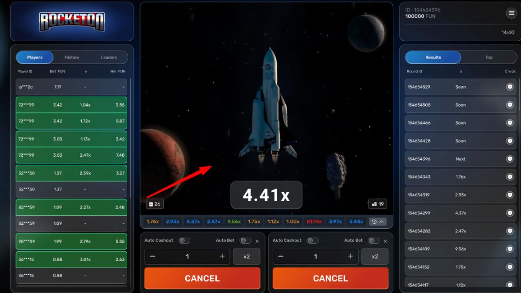 Shuttle deep in space at a 4.41x multiplier with a column of green winning bets