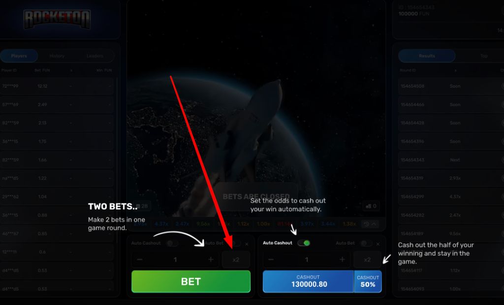 Annotated interface showing two bets in one round and the auto cashout fifty percent control